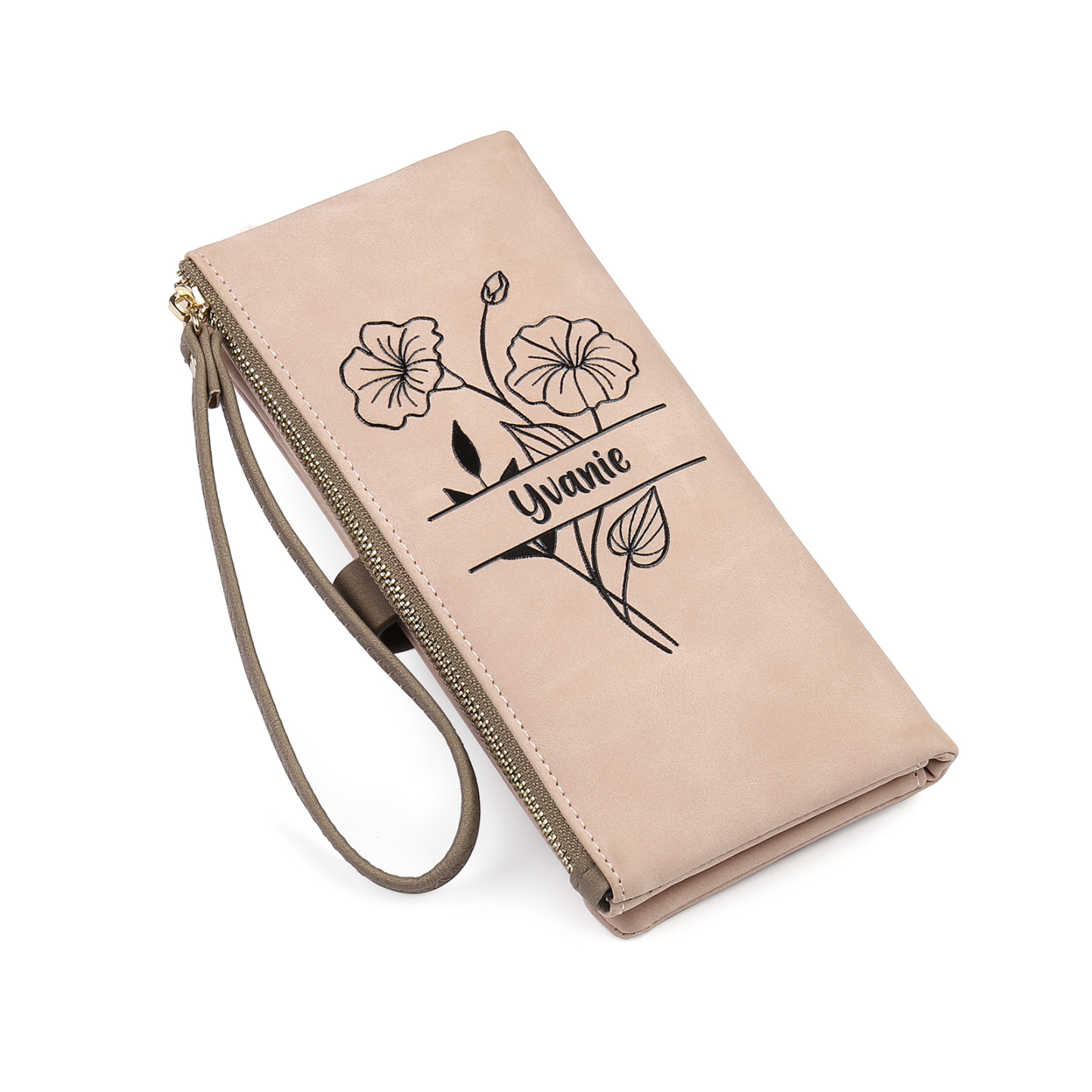 Personalized Women's Wallet Customized Birth Flower and Name Zipper Women's Wallet