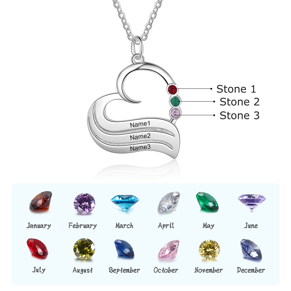 3 Names-Personalized Special Heart Necklace with Birthstone and Name for Her