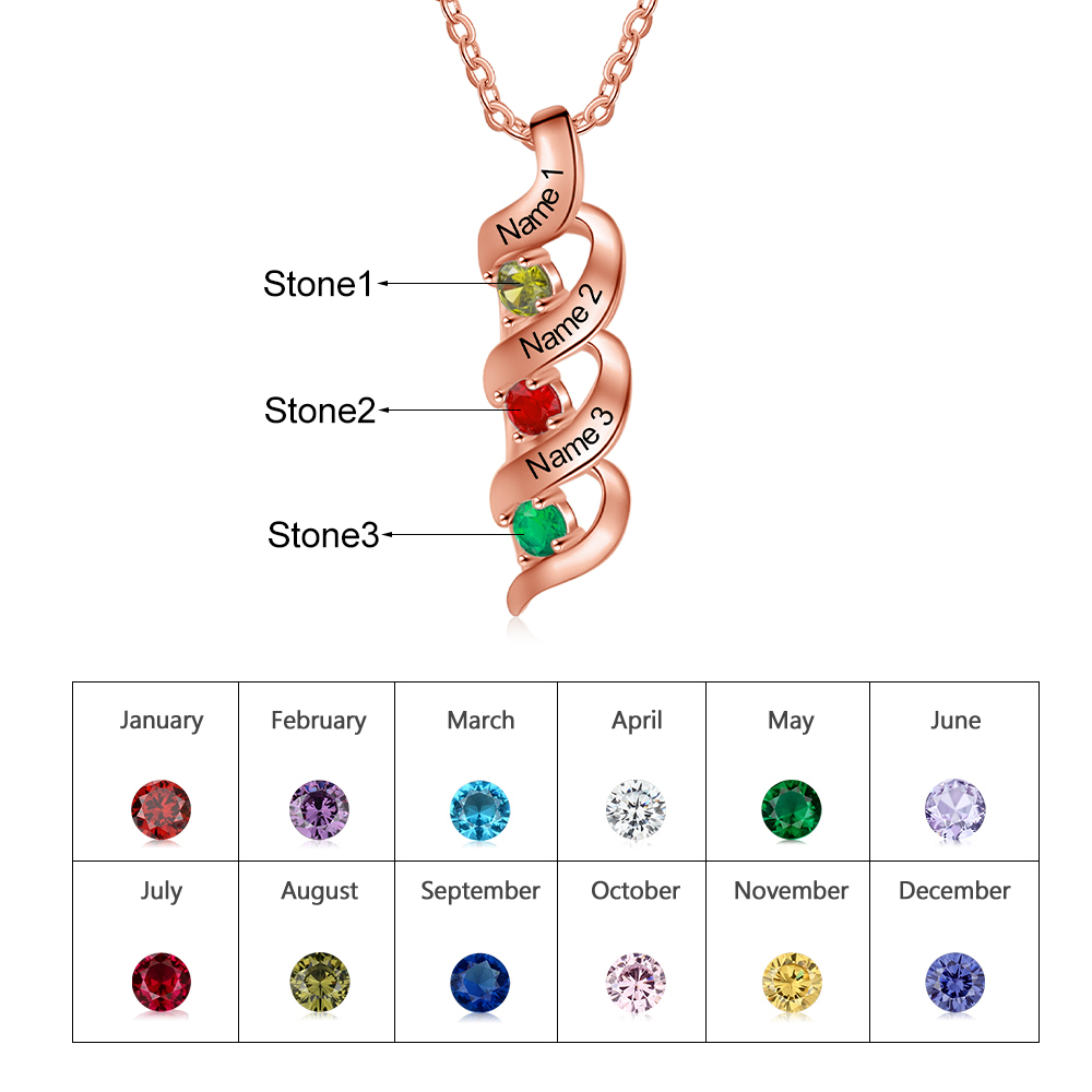 3 Names-Personalized Birthstones Necklace Set With Rose Gift Box-Custom Cascading Pendant Necklace Engraving 3 Names Gifts for Her