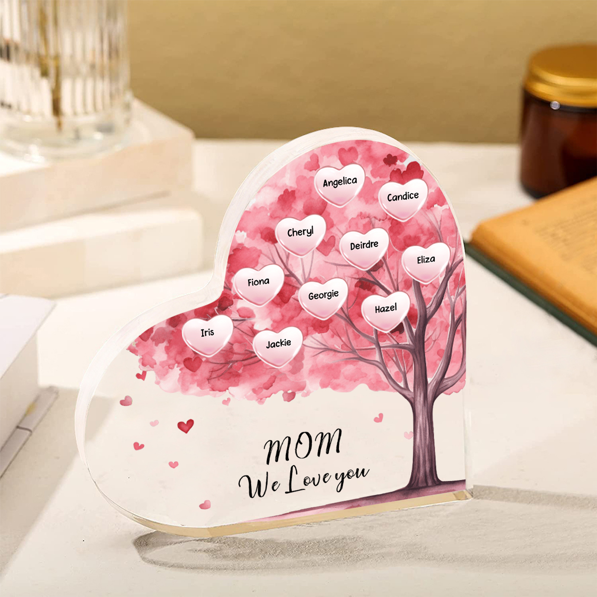 Customized 1-12 Names Red Purple Tree "I love you" Acrylic Heart-shaped Decorative Brand Plaque Decoration for Mom