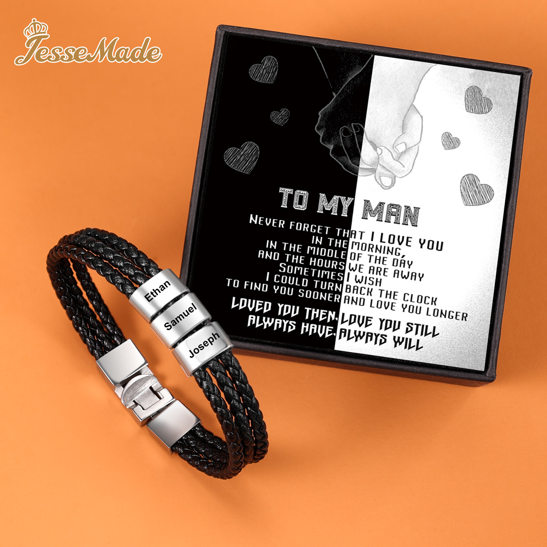 Personalized Braided Leather Bracelet Engraved 3 Names Men's Bracelet Gifts For Him