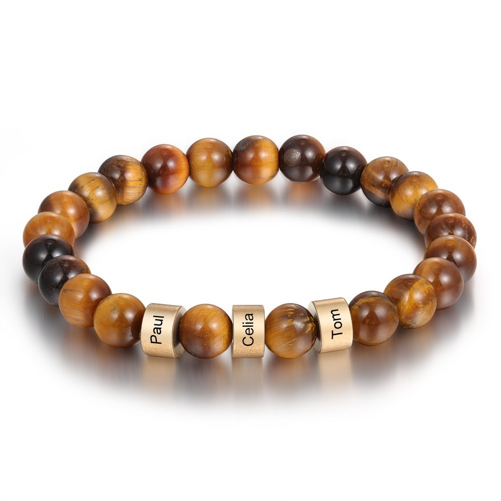 Father's day Brown Tiger Eye Men's 3 Name Bracelet Gift For Himm
