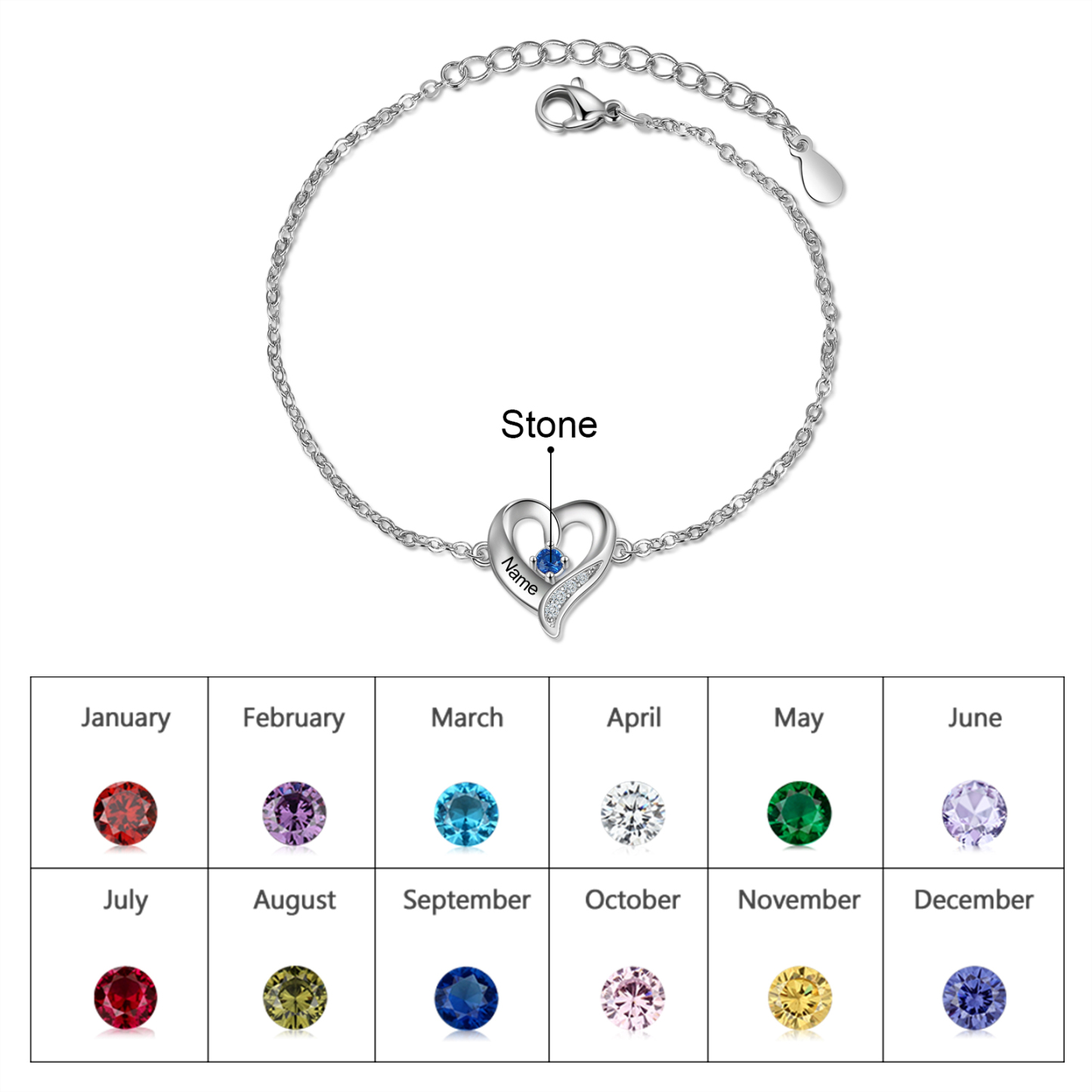 1 Name-Personalized Heart Bracelet With 1 Birthstone Engraved Name Bangle For Her