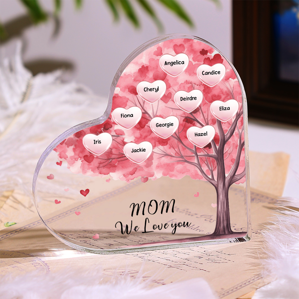 Customized 1-12 Names Red Purple Tree "I love you" Acrylic Heart-shaped Decorative Brand Plaque Decoration for Mom