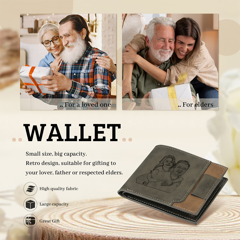 Photo Personalized Leather Men's Wallet Customized Name Letter Folding Wallet Two Colors Available with Gift Box for Dad