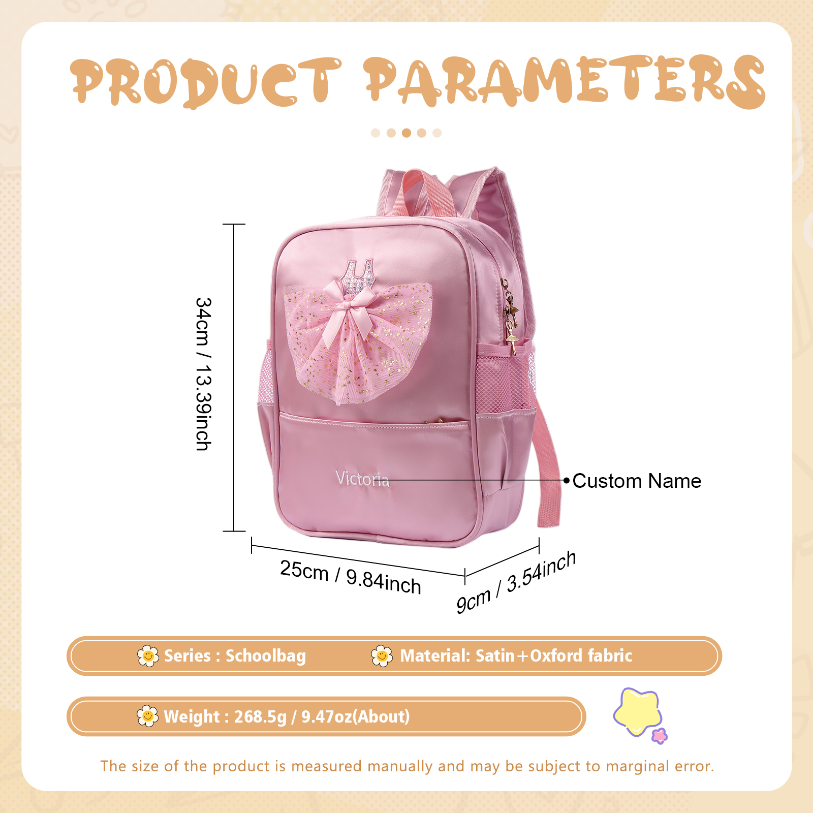 Personalized Name Band Princess Dress Accessories Satin Children Backpack Back To School Gift