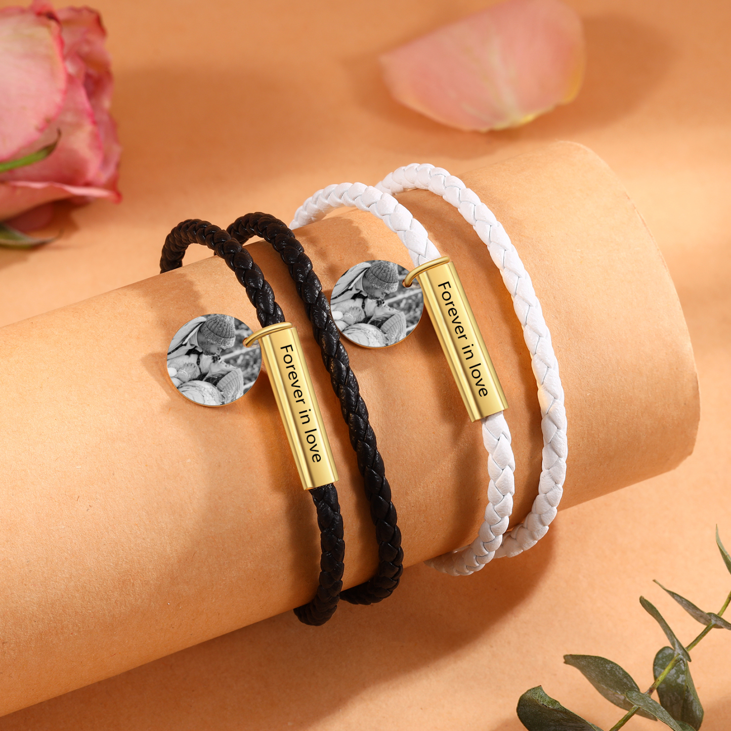 Personalized Text Leather Bracelet Custom Photo EngravedStainless Steel Bracelet Personalized Gift for Him/Her