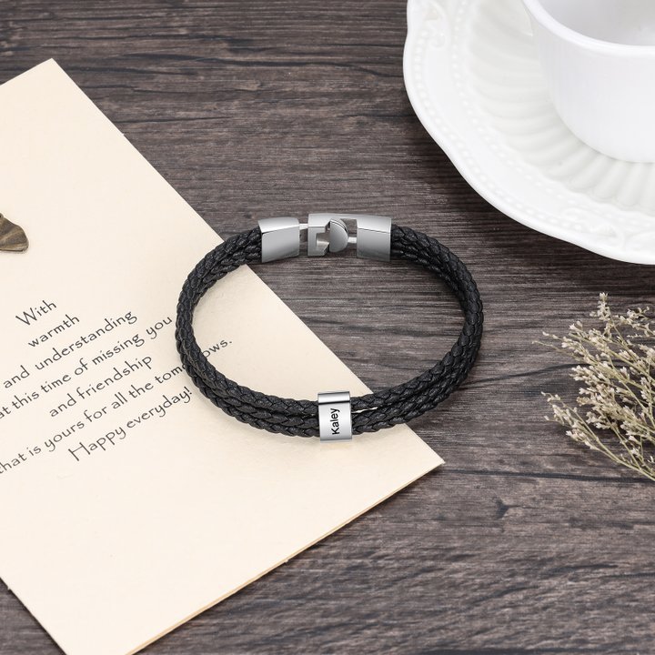Personalized Braided Leather Bracelet Engraved 1 Name Men's Bracelet Gifts For Him