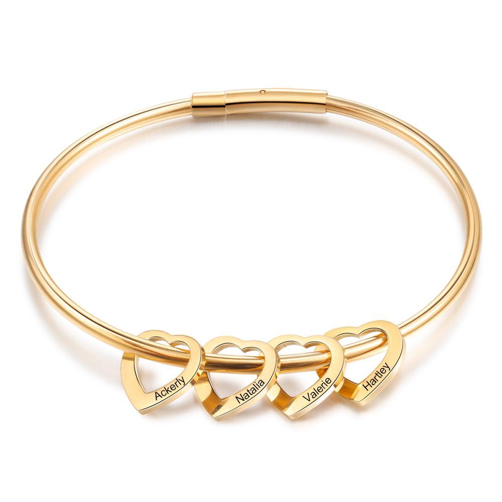 Custom Engraved 4 Names Heart Charms Prsonalised Bangle Bracelet for Women