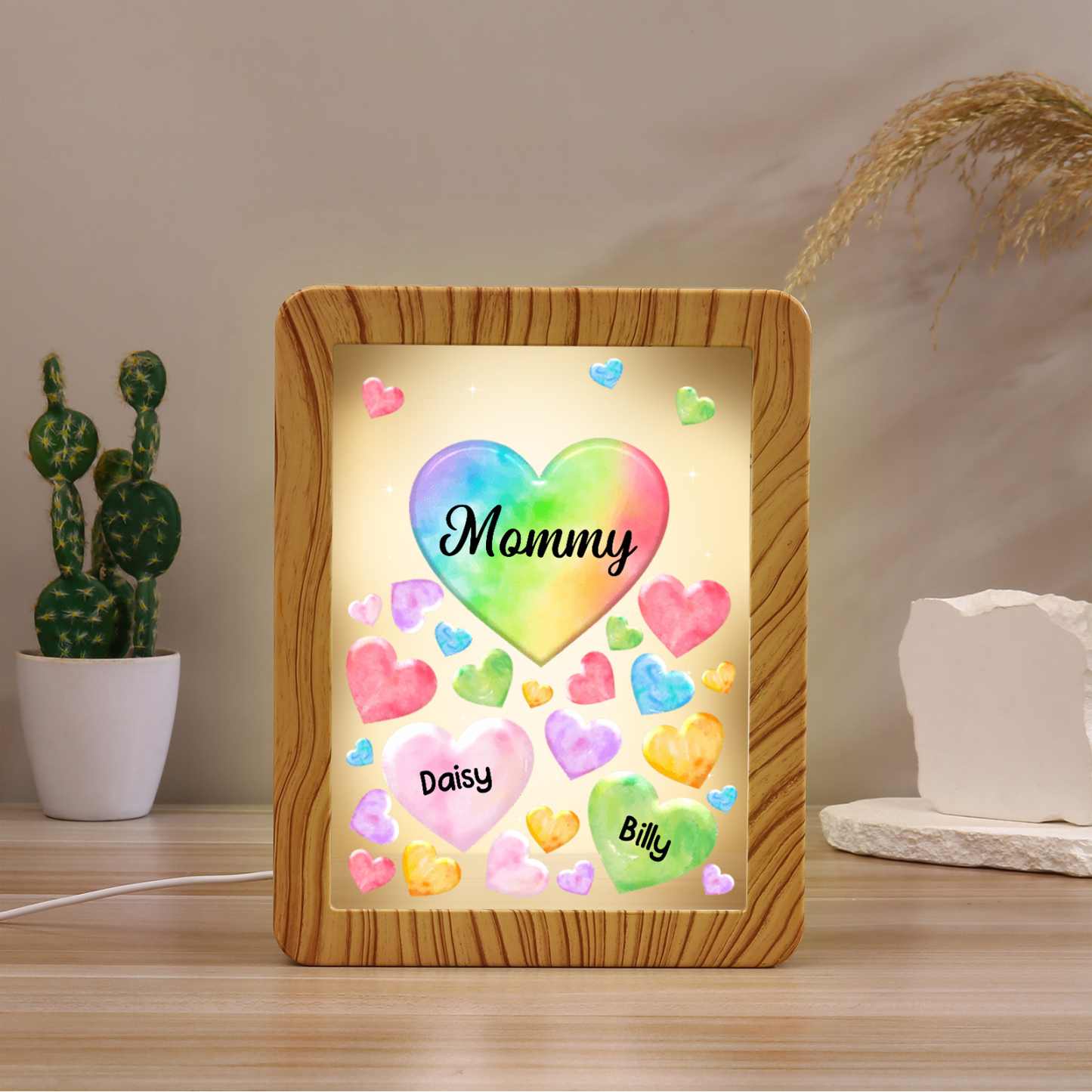 2 Names - Personalized Mom Home Wood Color Plug-in Mirror Photo Frame Custom Text LED Night Light Gift for Mom