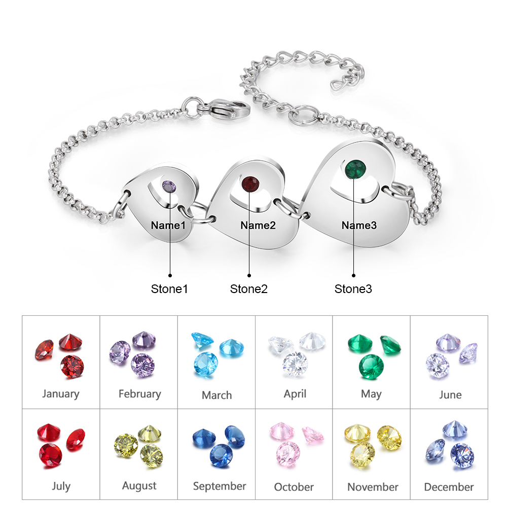 Personalized Heart Bracelet with Birthstones Custom 3 Names Family Bracelet Gifts for Her