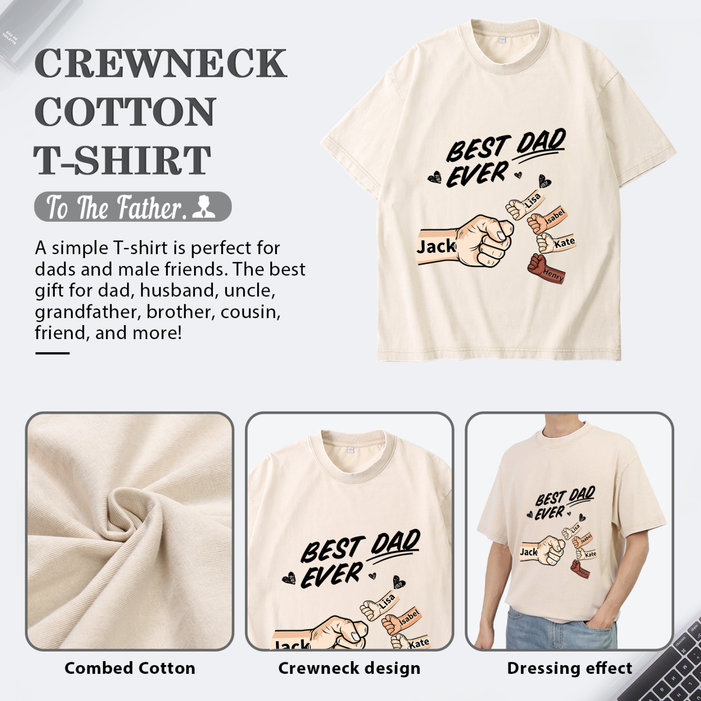 Best Dad Ever - Personalised 2–7 Names Family T-Shirt Custom Fist Bump Short Sleeve Father's Day Gifts For Dad
