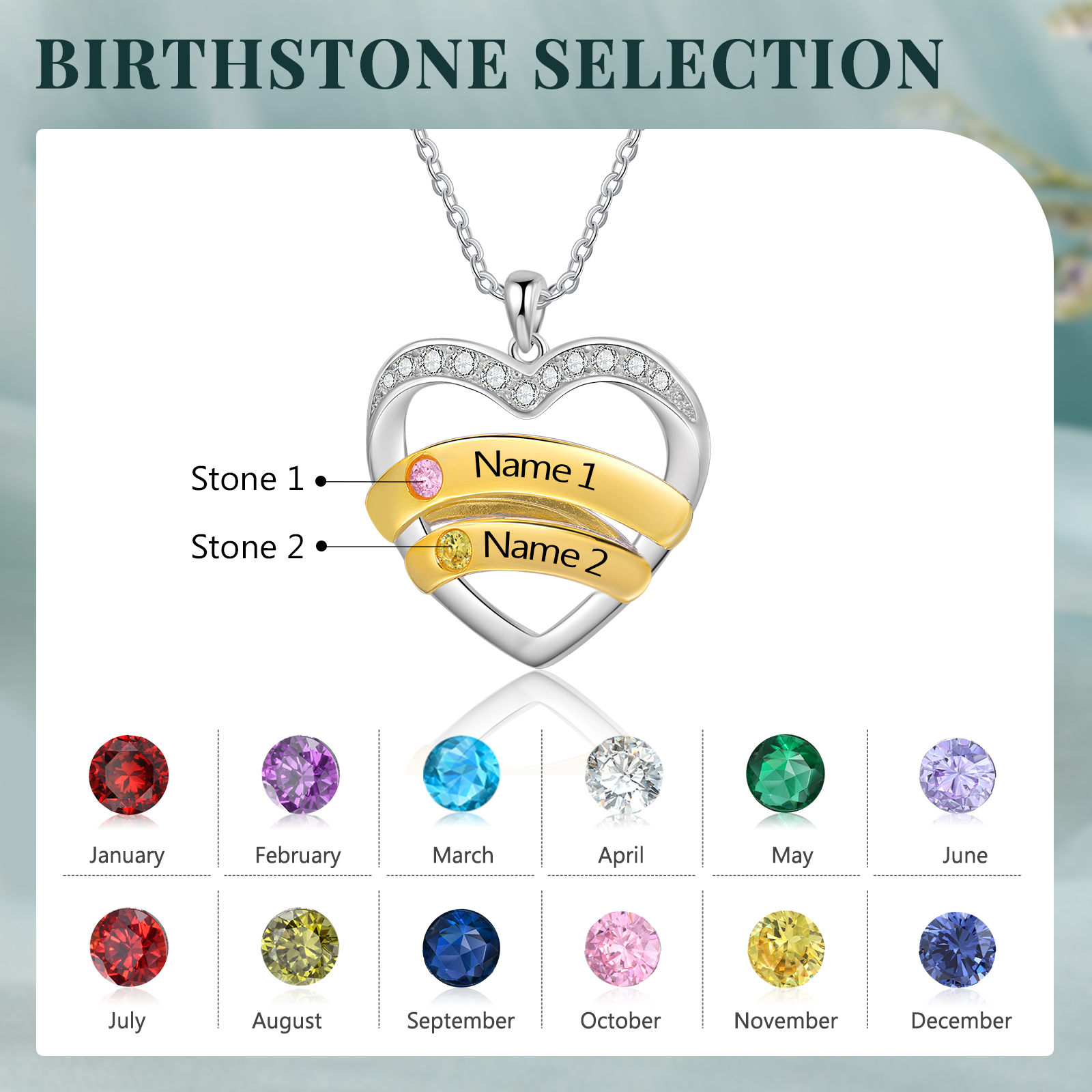 2 Names - Personalized Beautiful Heart Necklace with Custom Name and Birthstone, As a Mother's Day Gift for Mom