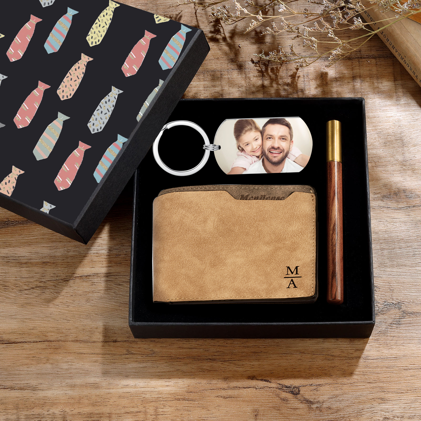 Photo Personalized Leather Wallet Gift Box Set with Keychain Customizable 1 Text and 2 Letter Wallet Gift for Dad