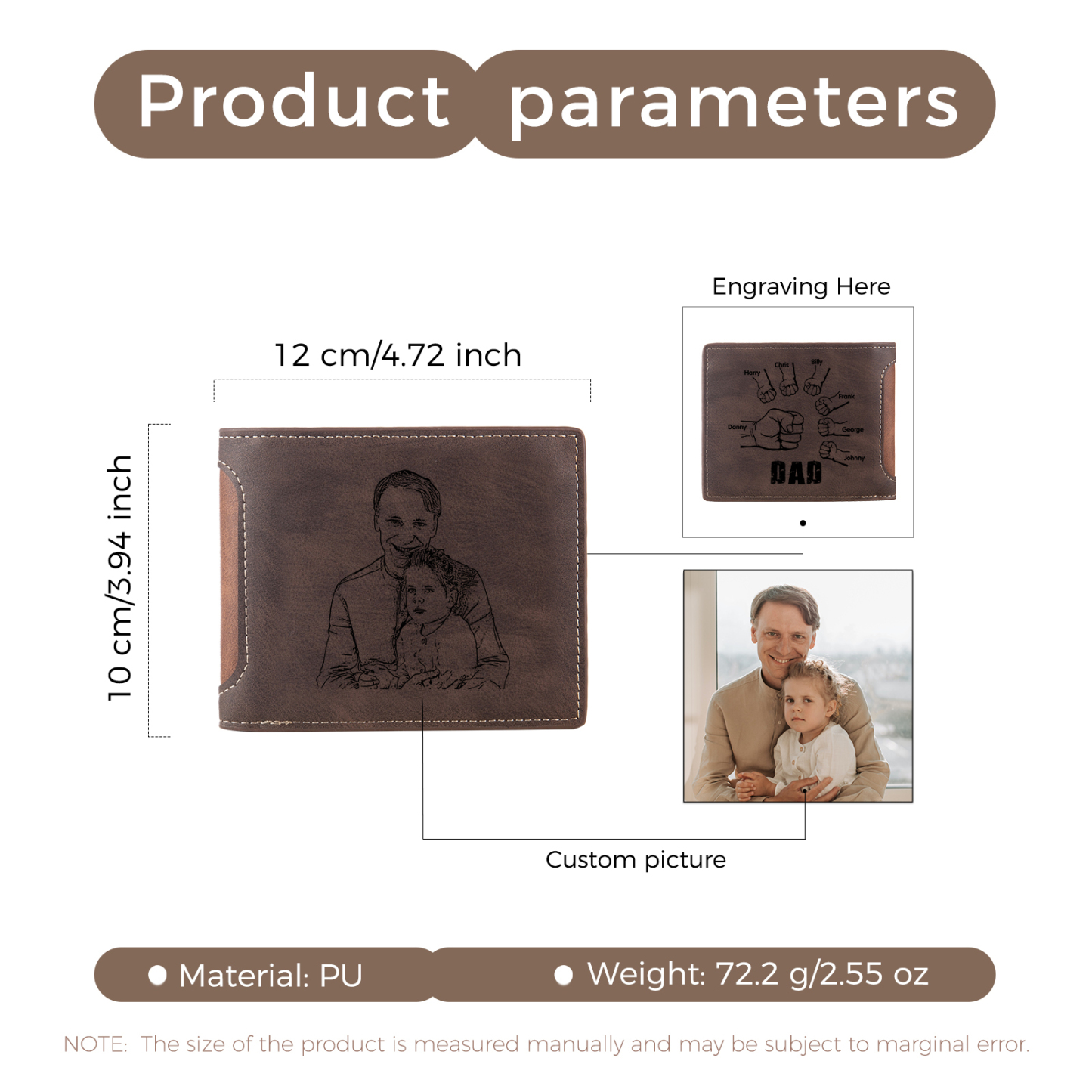 7 Names - Personalized Photo Custom Leather Men's Folding Wallet as a Father's Day Gift for Dad