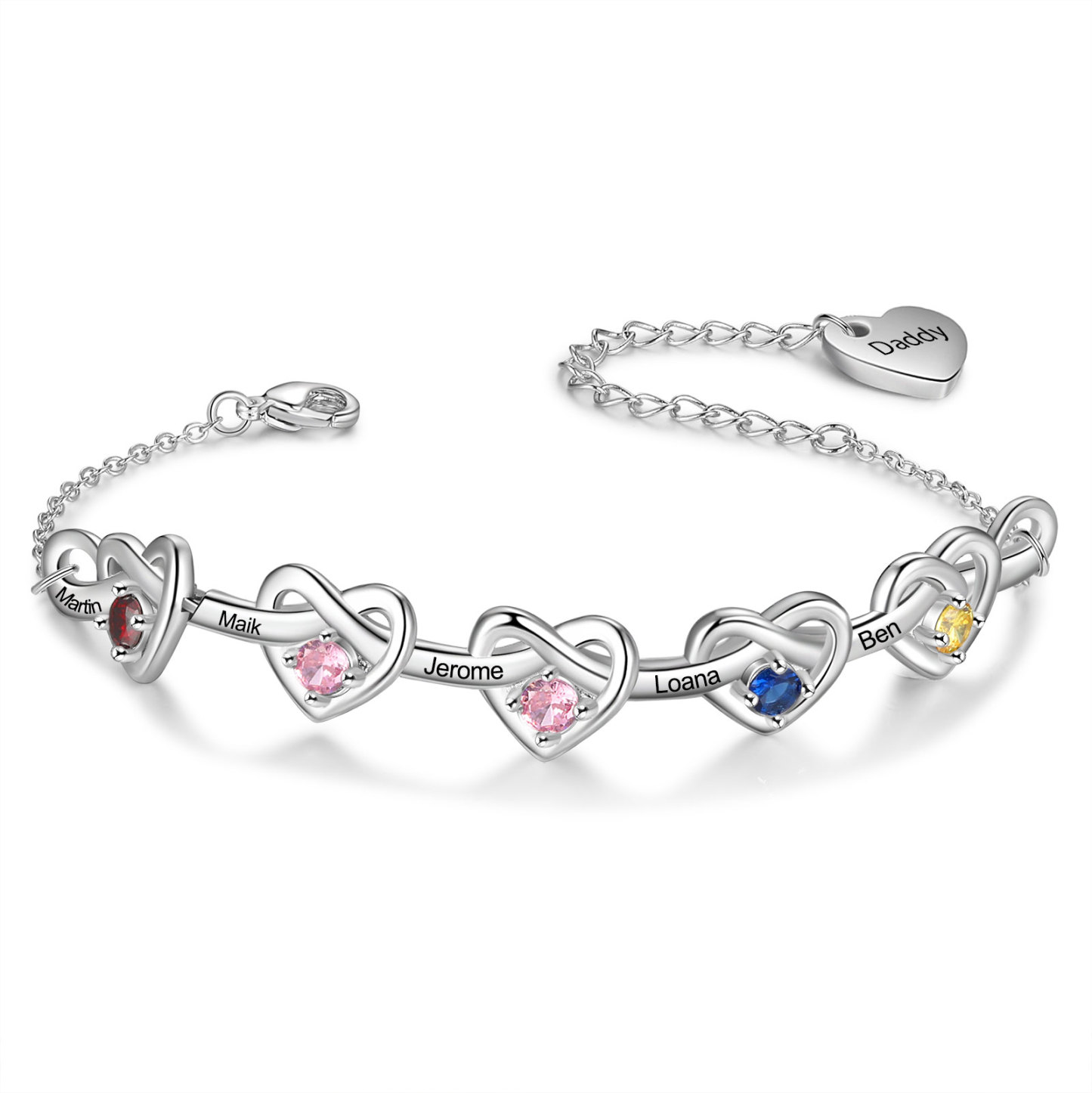 5 Names-Personalized Linked Heart Bracelet With 5 Birthstones Engraved Names And Text Bangle For Her