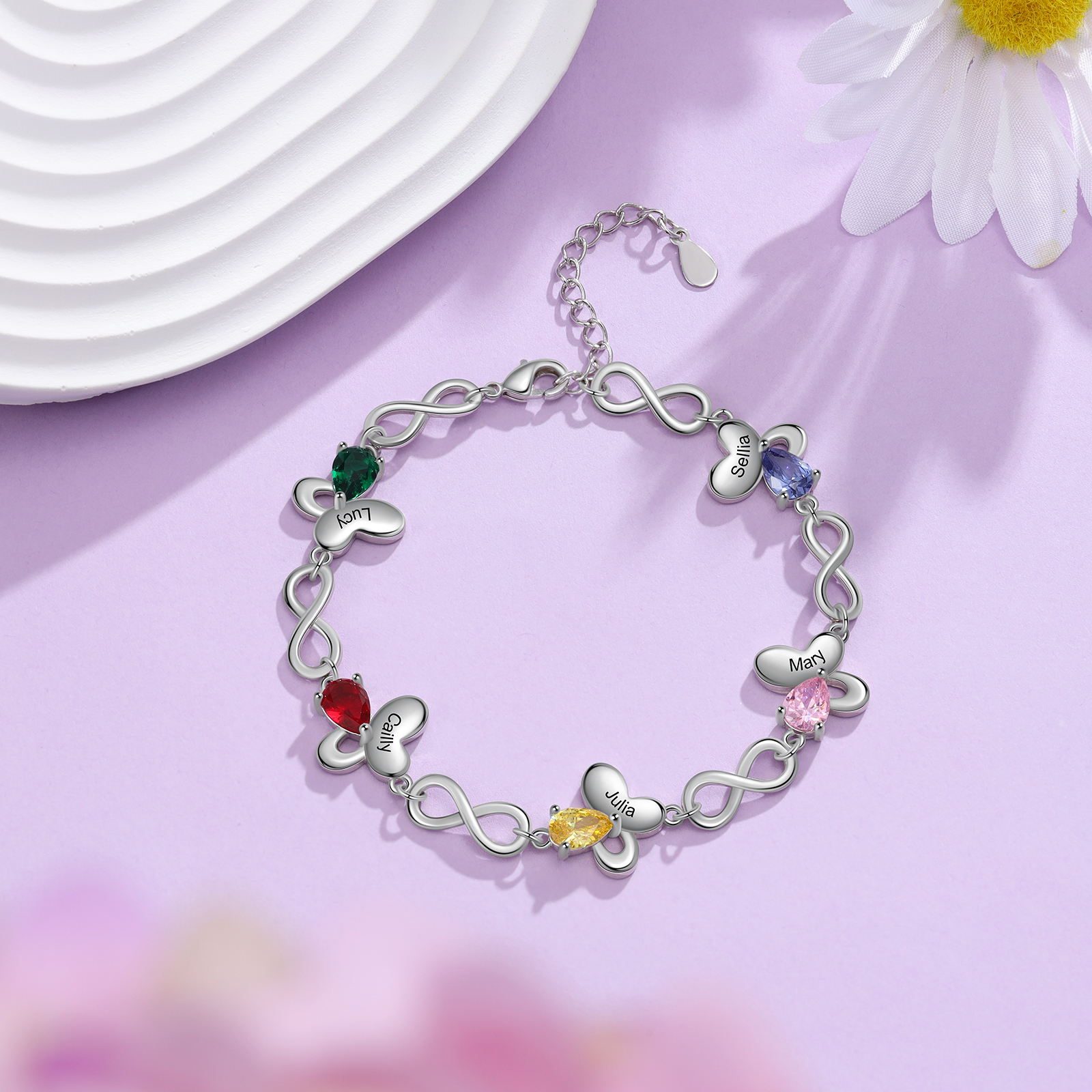 Personalized Butterfly Bracelet With 5 Birthstones Custom Names Bracelet Gift For Women