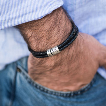 Mens Leather Braided Bracelet With 4 Custom Beads Engarved 4 Names Personalized Bracelet Black