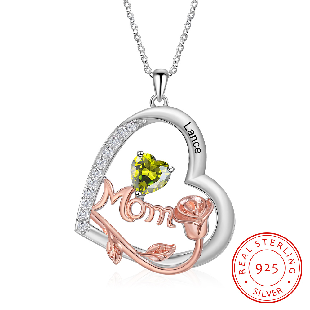 Name - Personalized Silver Heart Necklace with Birthstone and Name as a Mother's Day Gift for Mom