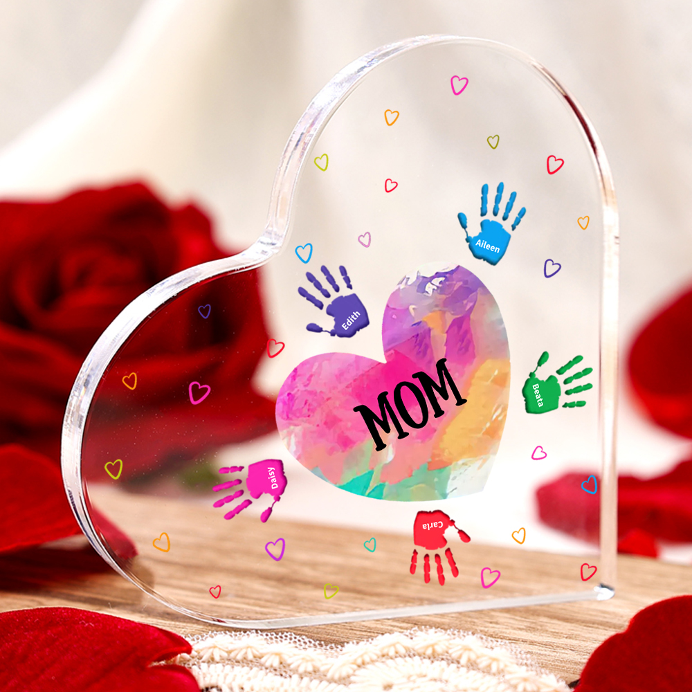 Customized 1-10 Names, Watercolor Palm Style Acrylic Heart Decoration Brand Plaque Decoration for Mom