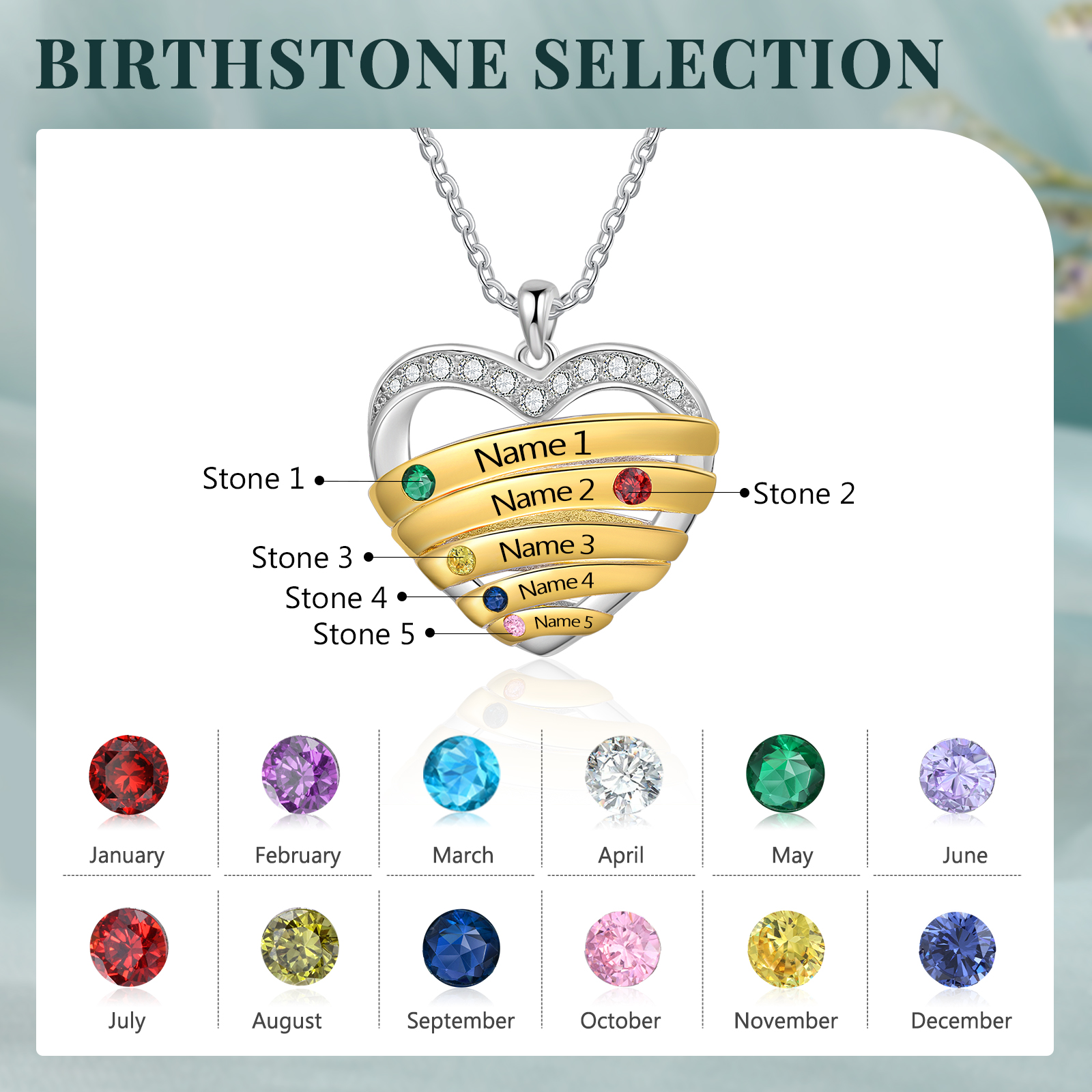 5 Names - Personalized Beautiful Heart Necklace with Custom Name and Birthstone, As a Mother's Day Gift for Mom