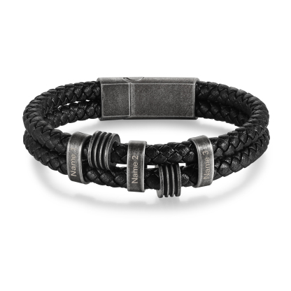 3 Names - Personalized PU Leather Men's Bracelet, Customized Name Bracelet with Gift Box Vintage Gift for Him