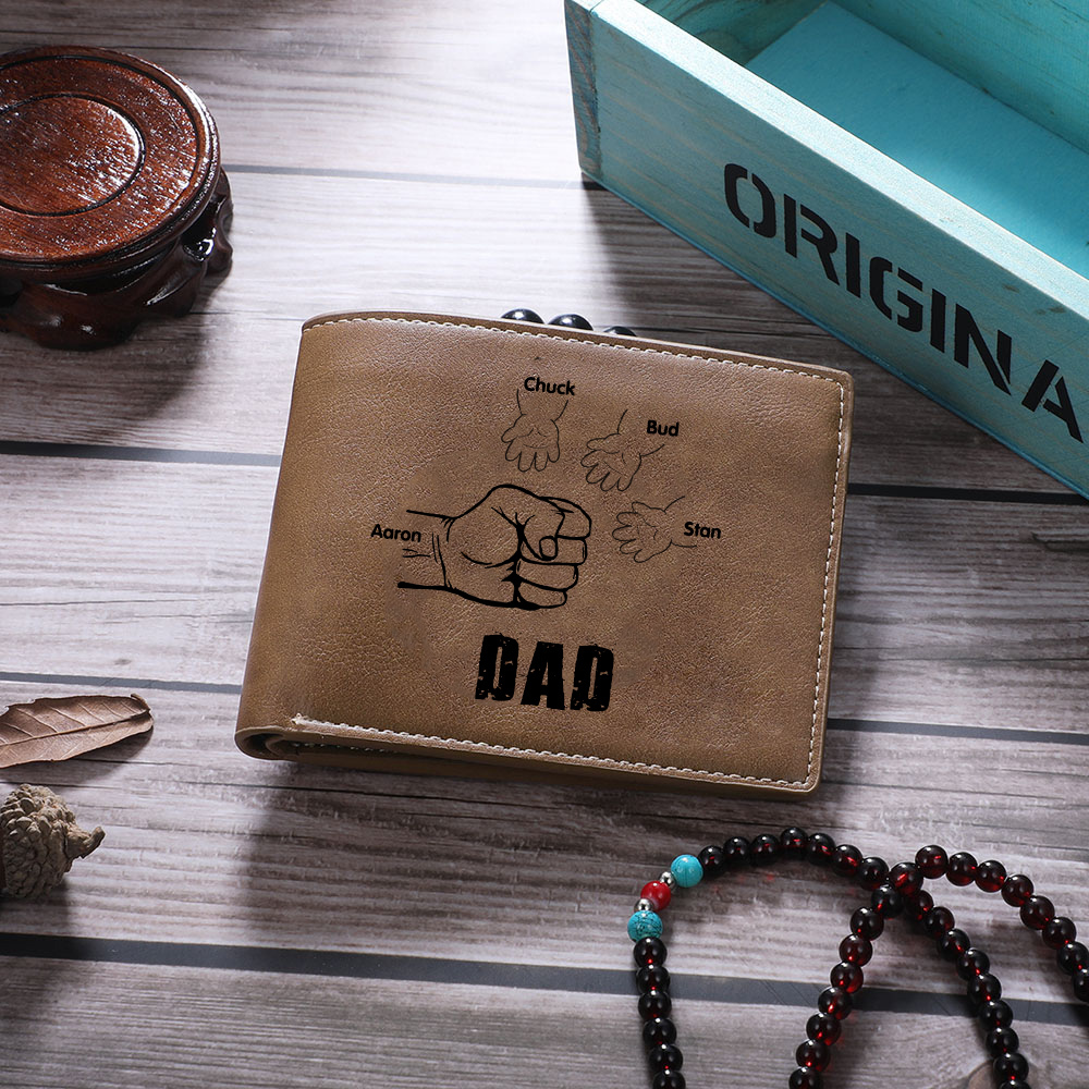 4 Names-Personalized Leather Men Wallet Engraved 4 Names Fist Bump Folding Wallet Gift For Dad