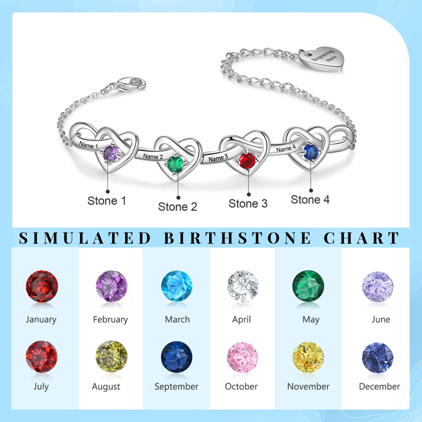 4 Names-Personalized Linked Heart Bracelet With 4 Birthstones Engraved Names And Text Bangle For Her