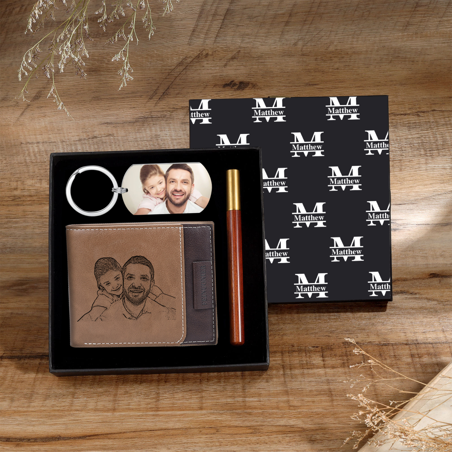 Photo Personalized Leather Wallet Gift Box Set with Keychain Customizable 2 Text, 1 Name and 1 Letter Wallet Gift for Him