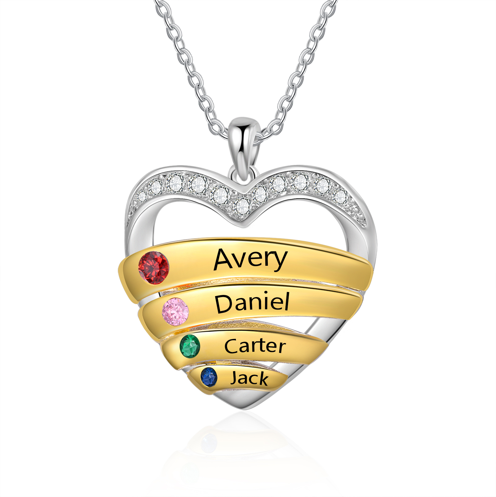 4 Names - Personalized Beautiful Heart Necklace with Custom Name and Birthstone, As a Mother's Day Gift for Mom