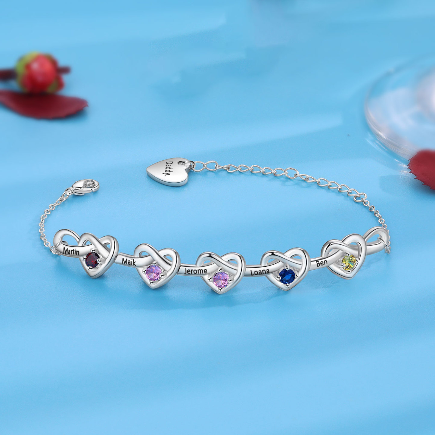 5 Names-Personalized Linked Heart Bracelet With 5 Birthstones Engraved Names And Text Bangle For Her
