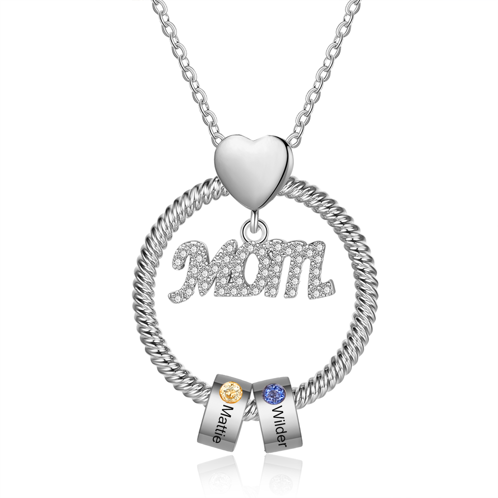 Personalized Necklace With 2 Birthstones Engraved Names Gift For Mothe