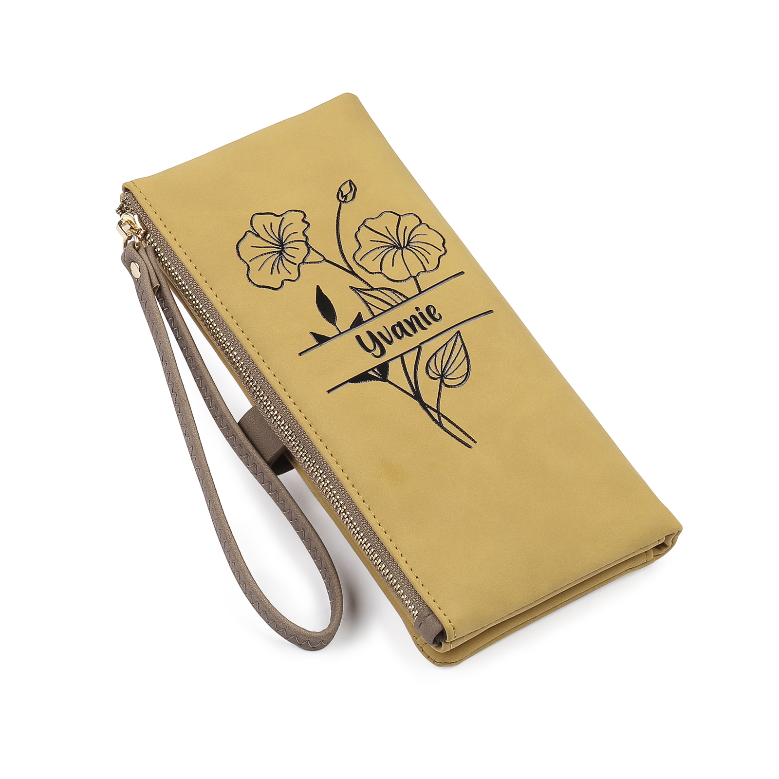 Personalized Women's Wallet Customized Birth Flower and Name Zipper Wo