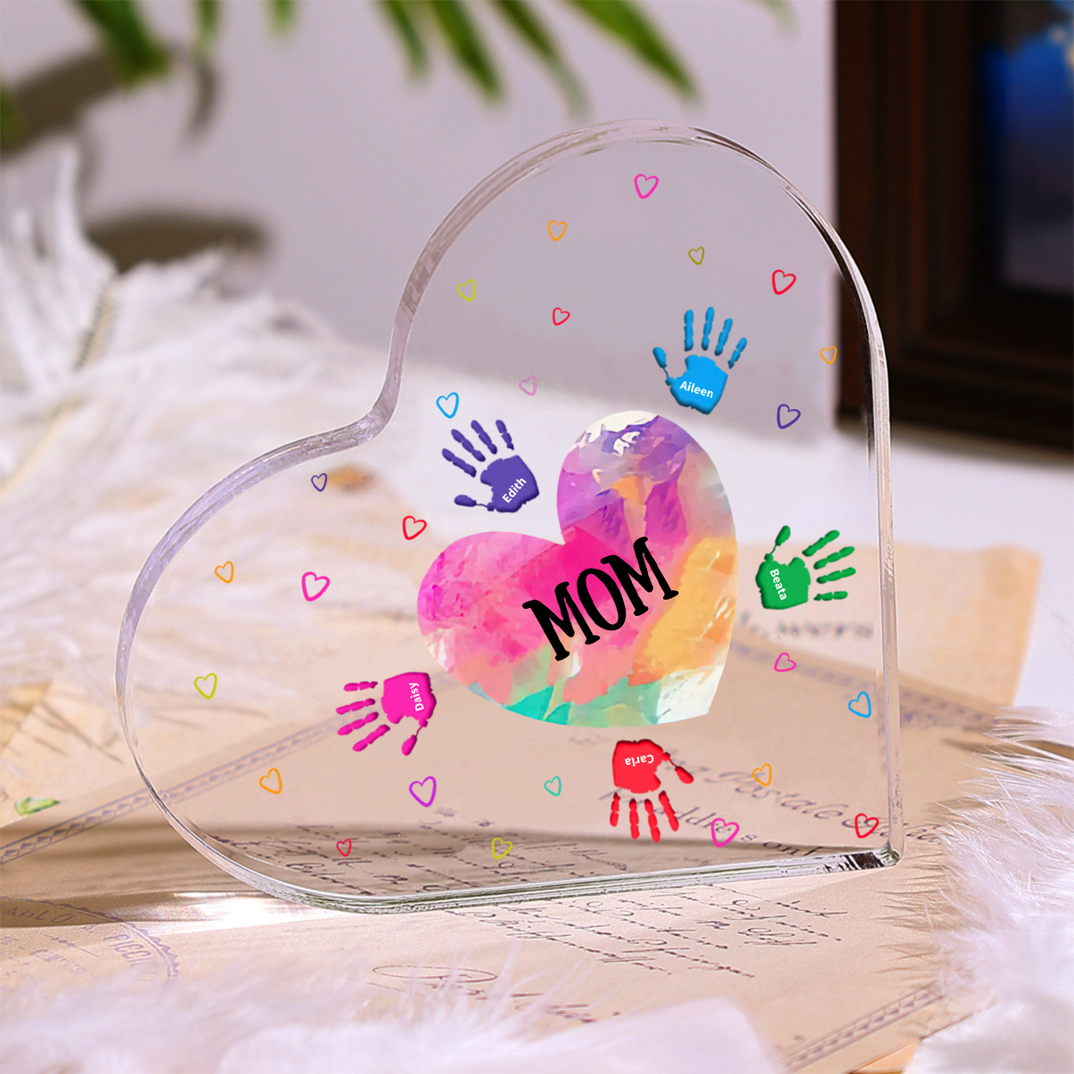 Customized 1-10 Names, Watercolor Palm Style Acrylic Heart Decoration Brand Plaque Decoration for Mom
