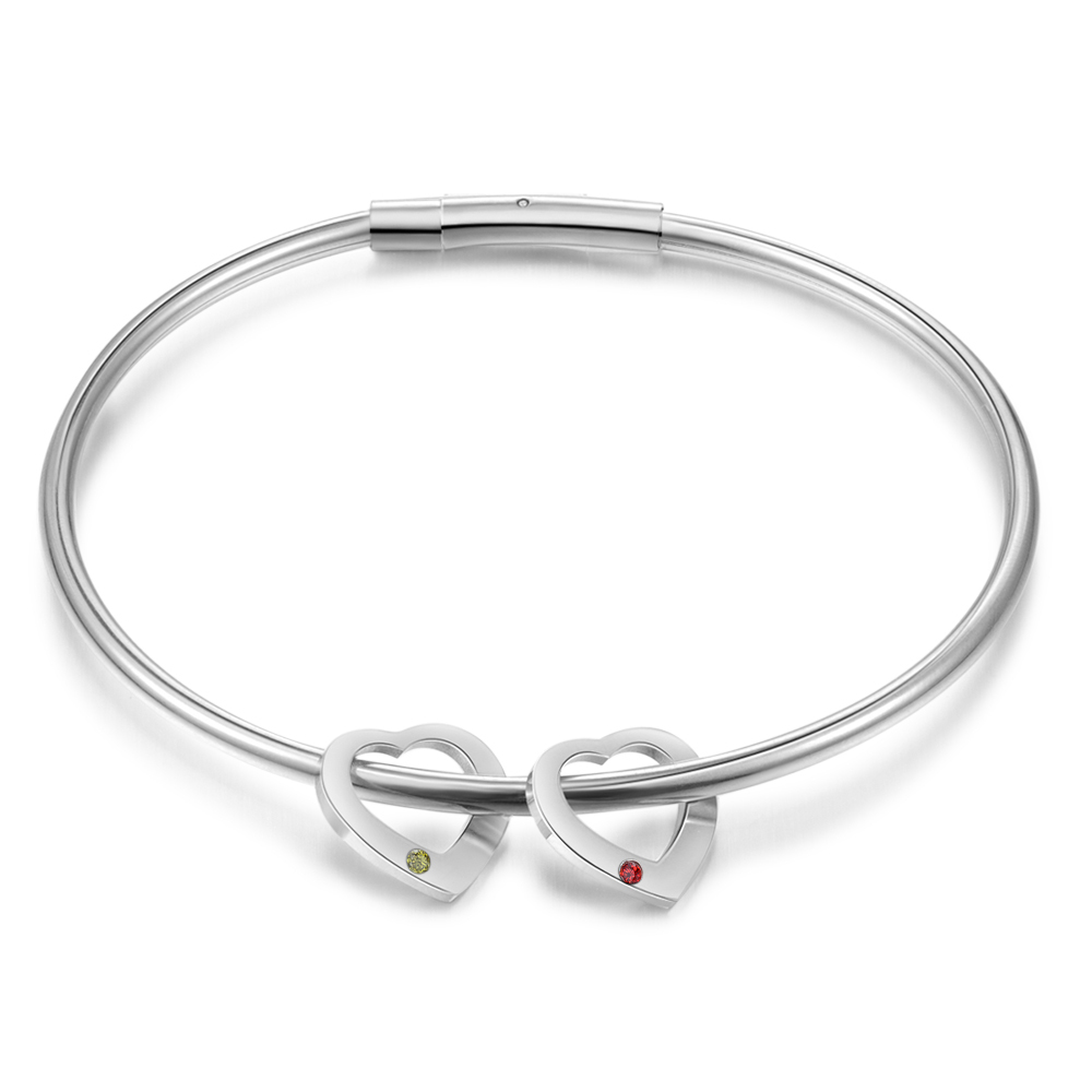 2 Names-Personalized Heart Bracelet With 2 Birthstones Bangle Engraved Names Bracelet Gift For Women