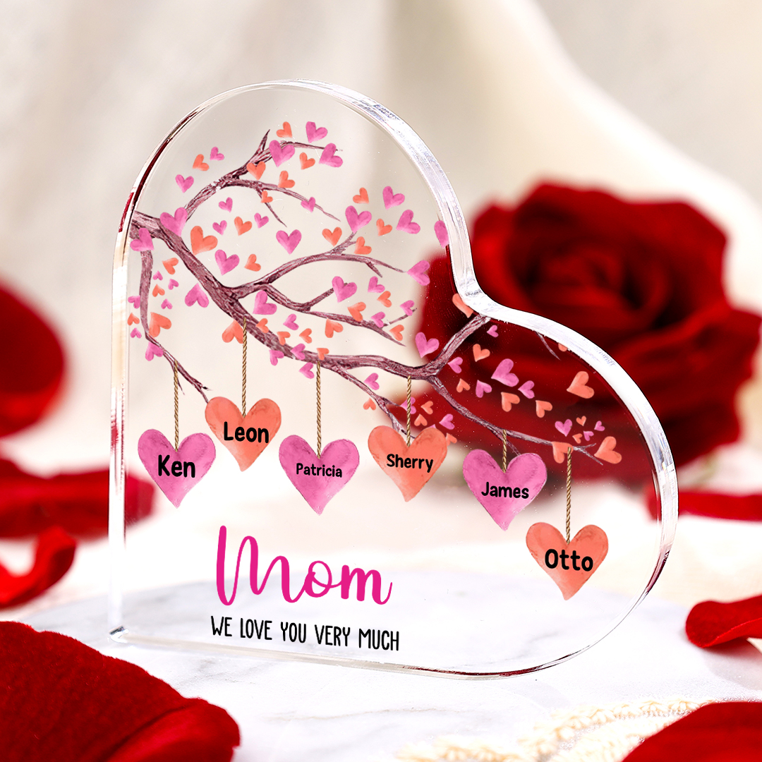 Customized 1-10 Names, Pink Love Tree Style Acrylic Heart Decoration Brand Plaque Decoration for Mom