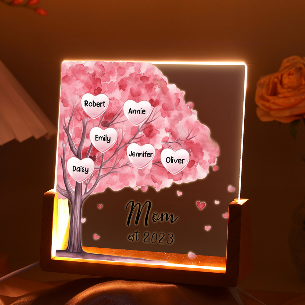 6 Names - Personalized Sakura Tree Night Light with Custom Text And Date LED Light, Gift for Mom