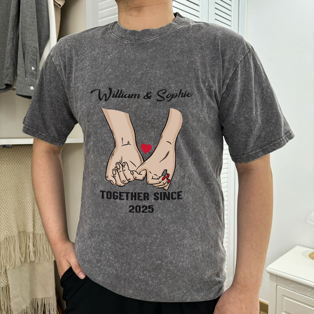 Personalised Couple T-Shirt – with Custom 2 Names and 1 Date, Hand-in-Hand Graphic – "TOGETHER SINCE" | Valentine’s Day Gift for Him/Her | Jessemade