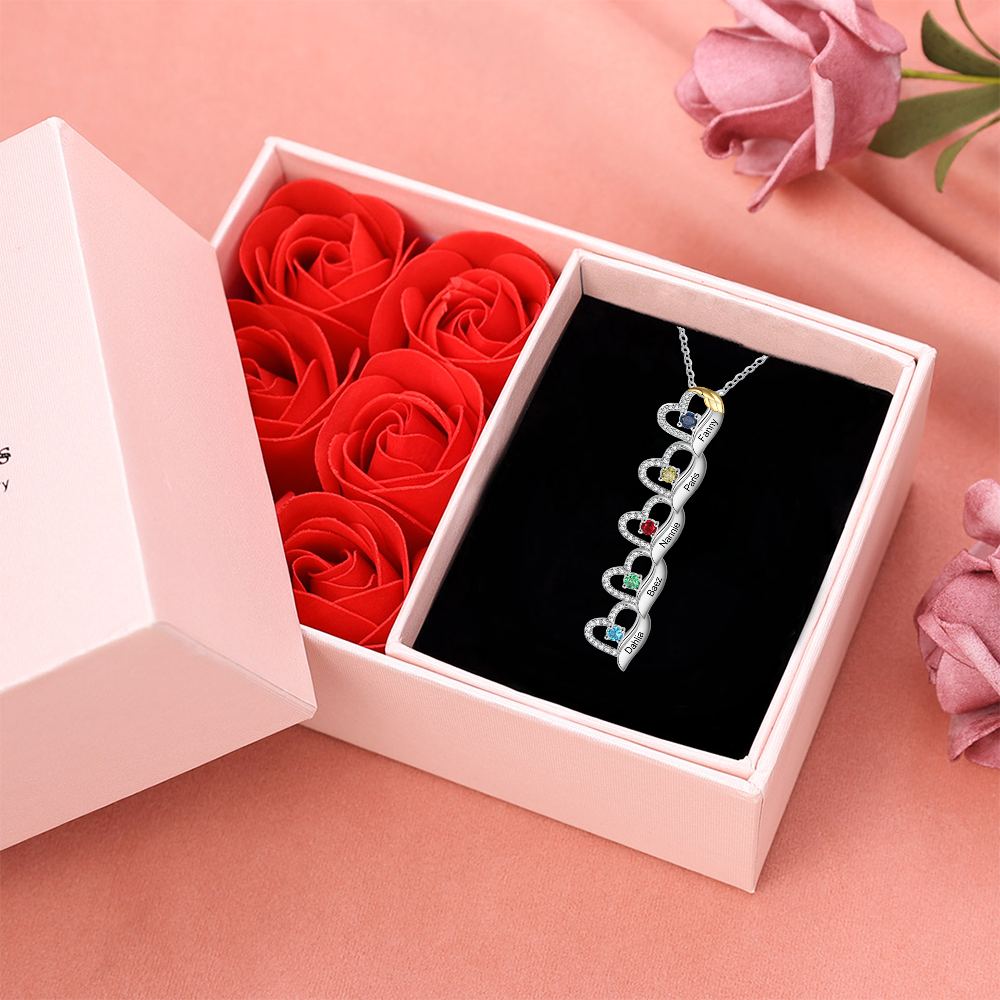 Personalized Heart Necklace, Customized 5 Names and 5 Birthstones Women's Pendant Necklace with Gift Box Gift for Mom/Grandma | Jessemade