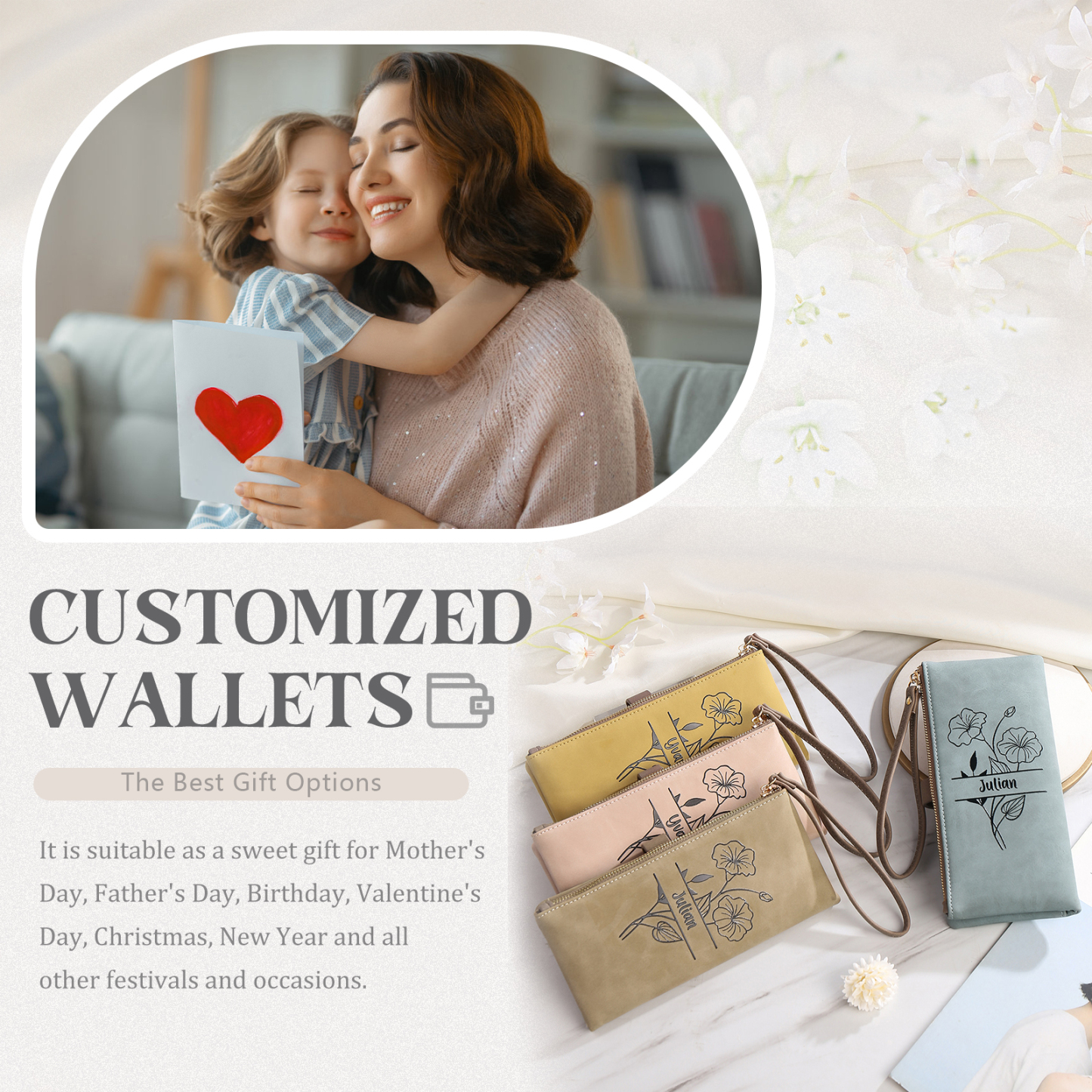 Personalized Women's Wallet Customized Birth Flower and Name Zipper Women's Wallet