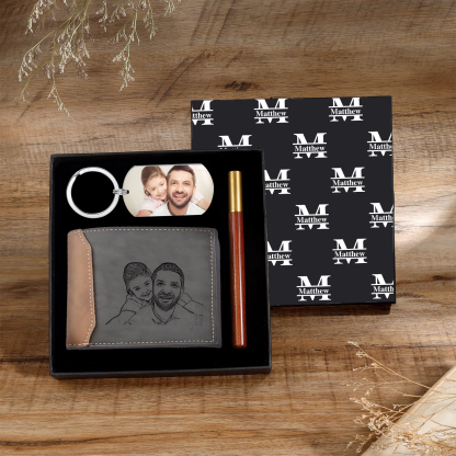Photo Personalized Leather Wallet Gift Box Set with Keychain Customizable 2 Text, Name and Date Wallet Gift for Him