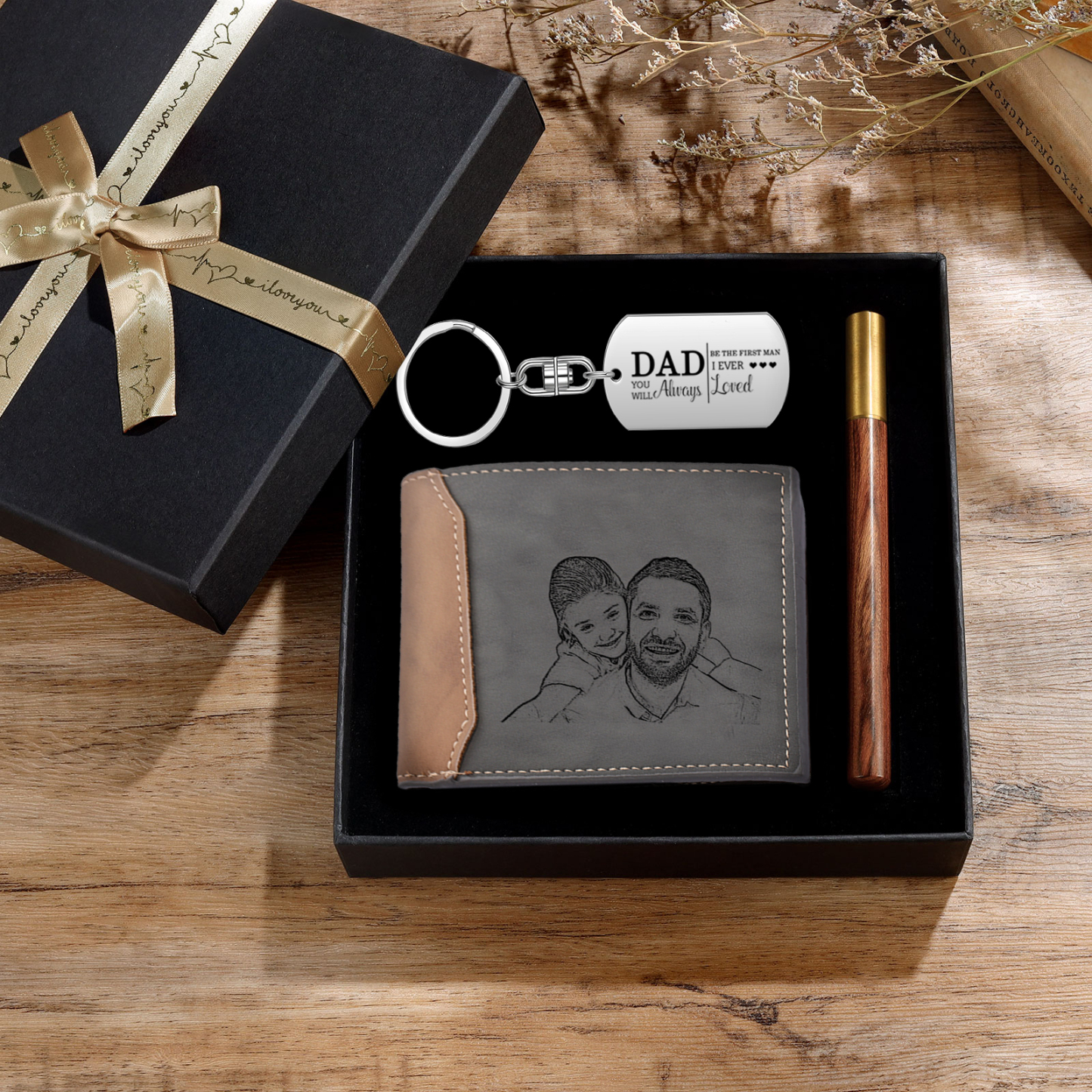 Photo Personalized Leather Wallet Gift Box Set with Keychain Customizable Text and Date Wallet Gift for Dad