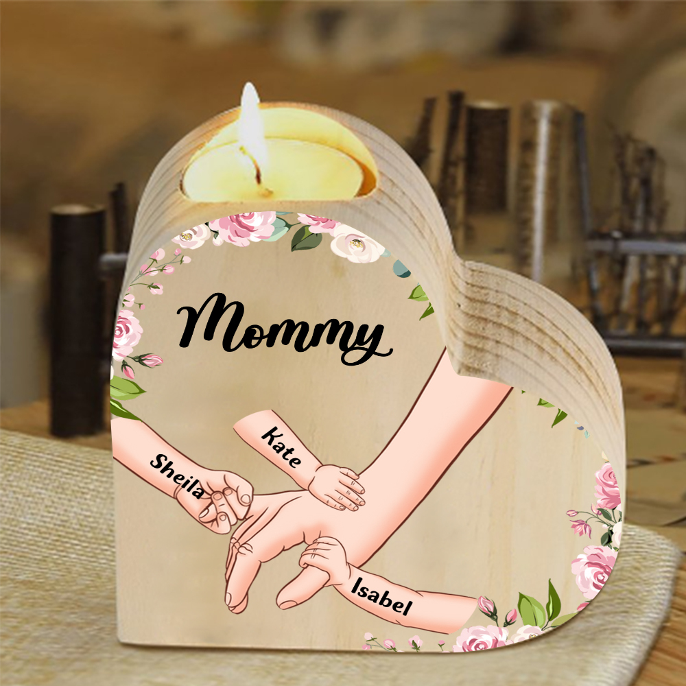 Personalized Handheld Heart-Shaped Candle Holder Set with Gift Box with Custom 1-6 Names Mother's Day Gift for Grandma