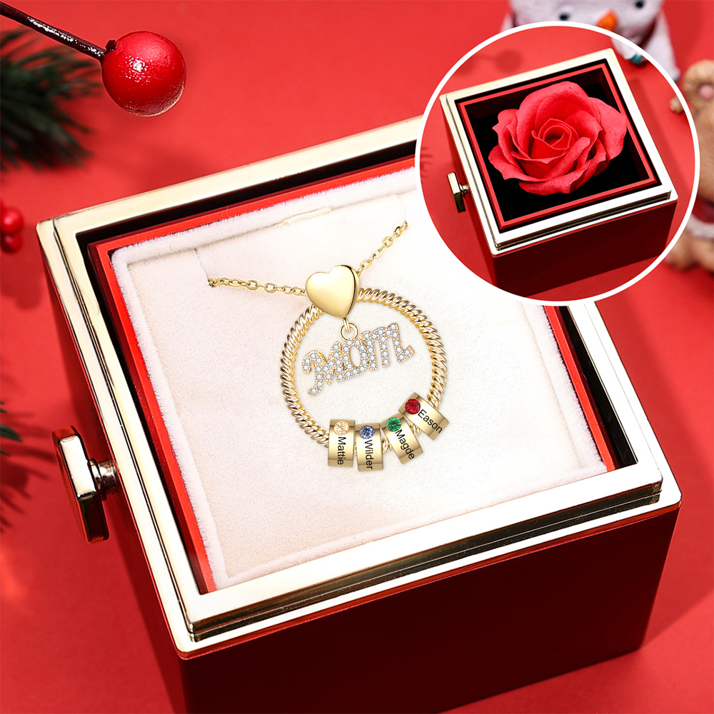 Family Circle pendant Personalized 4 Stones Birthstone Necklace For Mom - Custom Mother's Day Necklace With Engraved Names - Gift For Mother