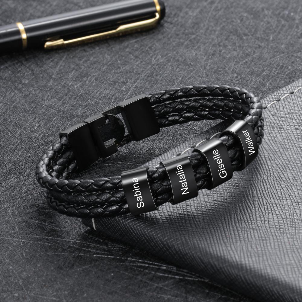 Personalized Braided Leather Bracelet Engraved 3 Names Men's Bracelet Gifts For Him