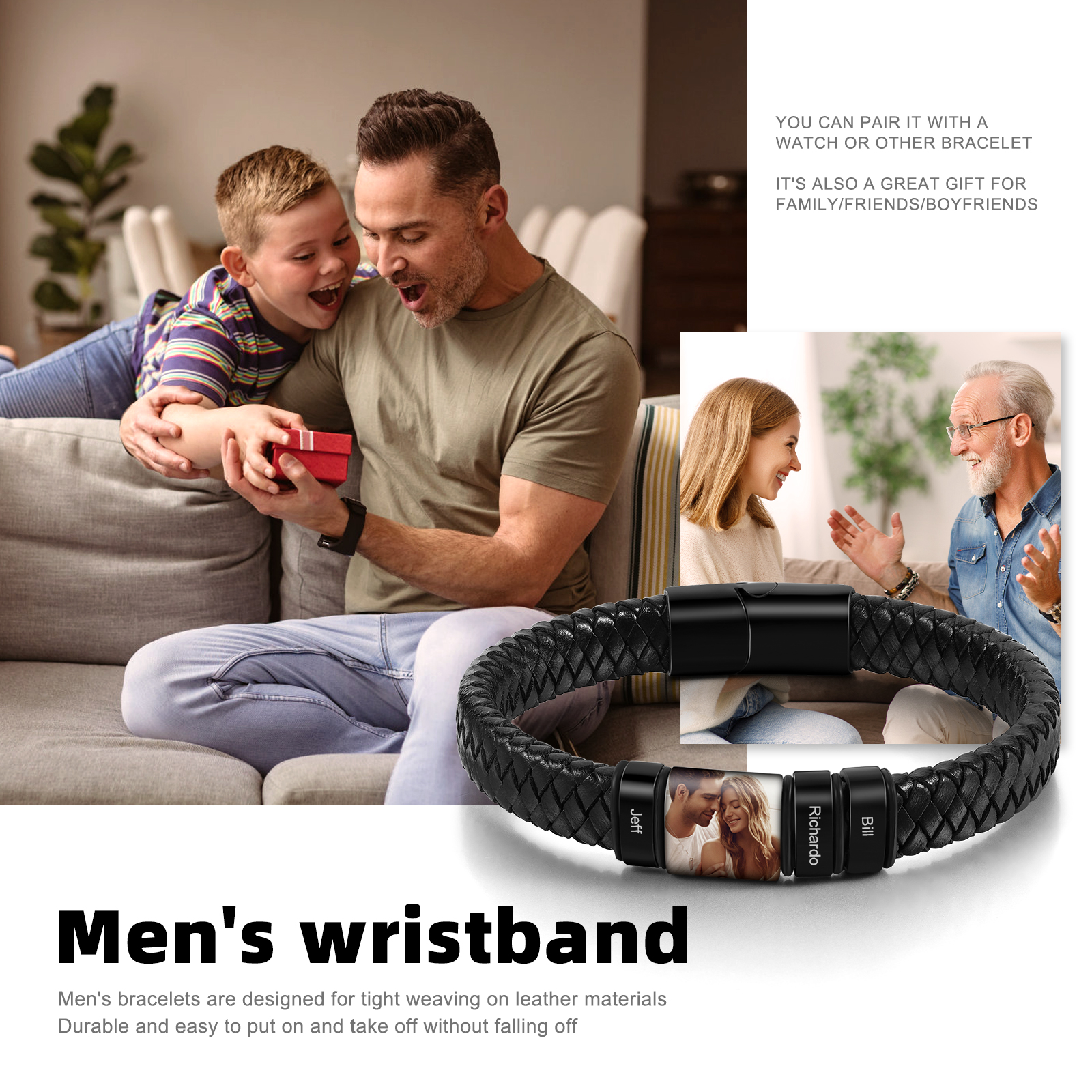 3 Names Personalized Customized Photo Stainless Steel Leather Bracelet Engraved Name Men's Bracelet Gift for Dad