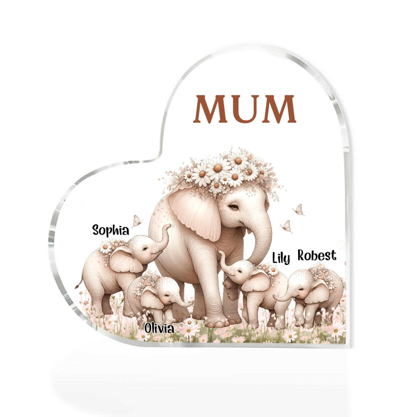 4 Names-Personalized Elephant Acrylic Heart Keepsake Custom Text Acryl
