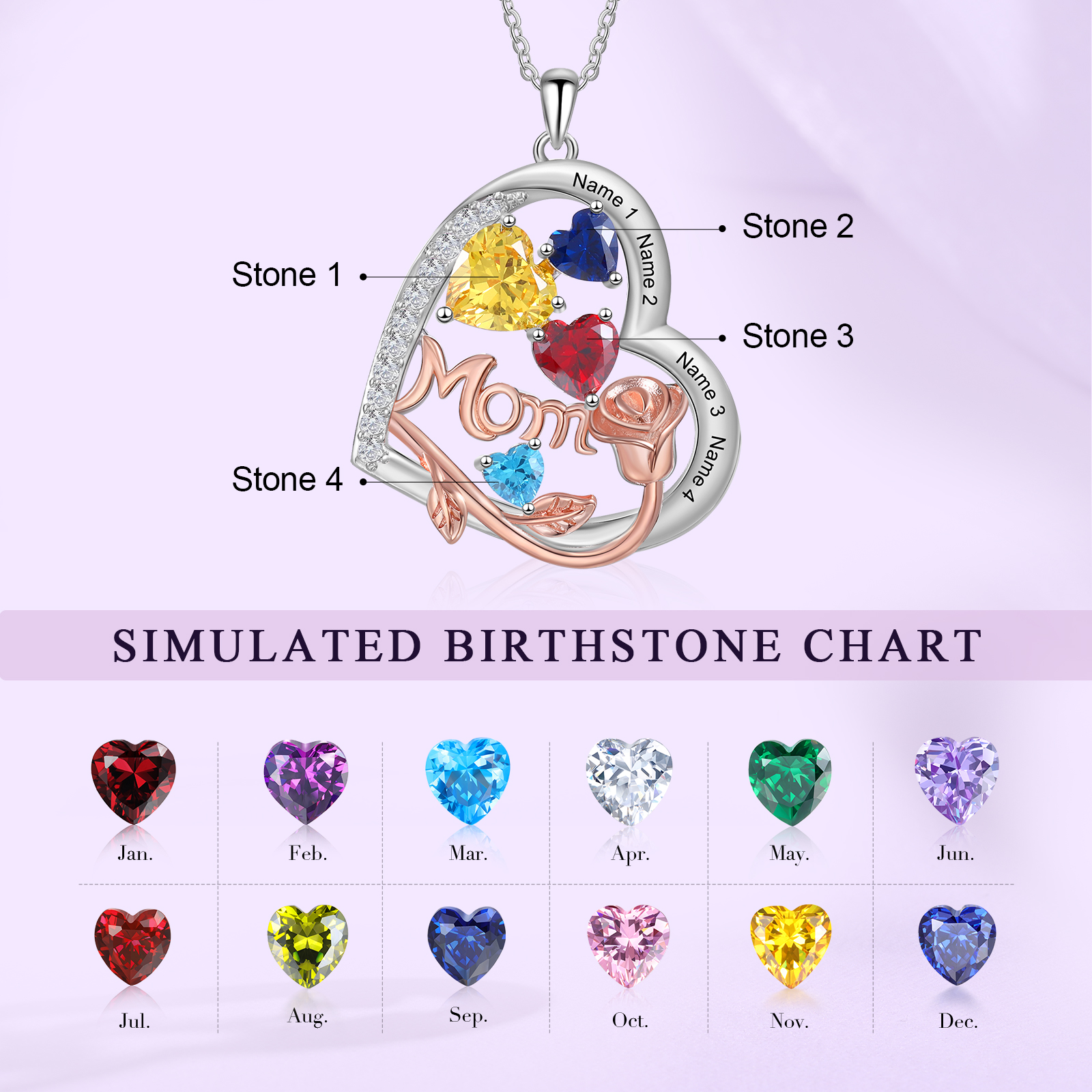 4 Names - Personalized Silver Heart Necklace with Birthstone and Name as a Mother's Day Gift for Mom
