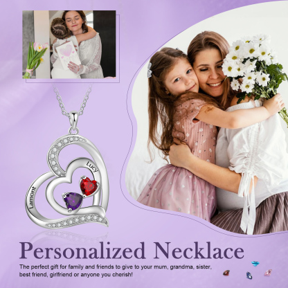 2 Names - Personalized Heart Necklace with Customized Names and Birthstone As Mother's Day Gift for Mom