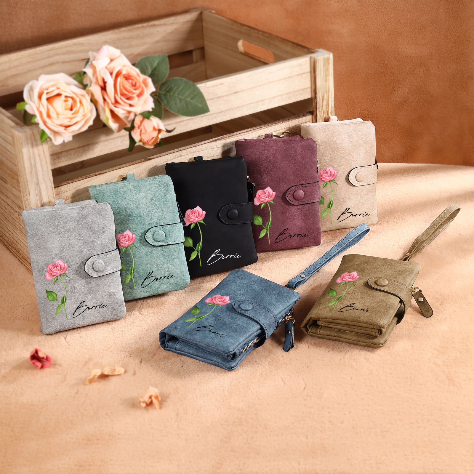 Green Color Personalized Birthday Flower Leather Wallet Engraving Name Wallet Gifts for Women
